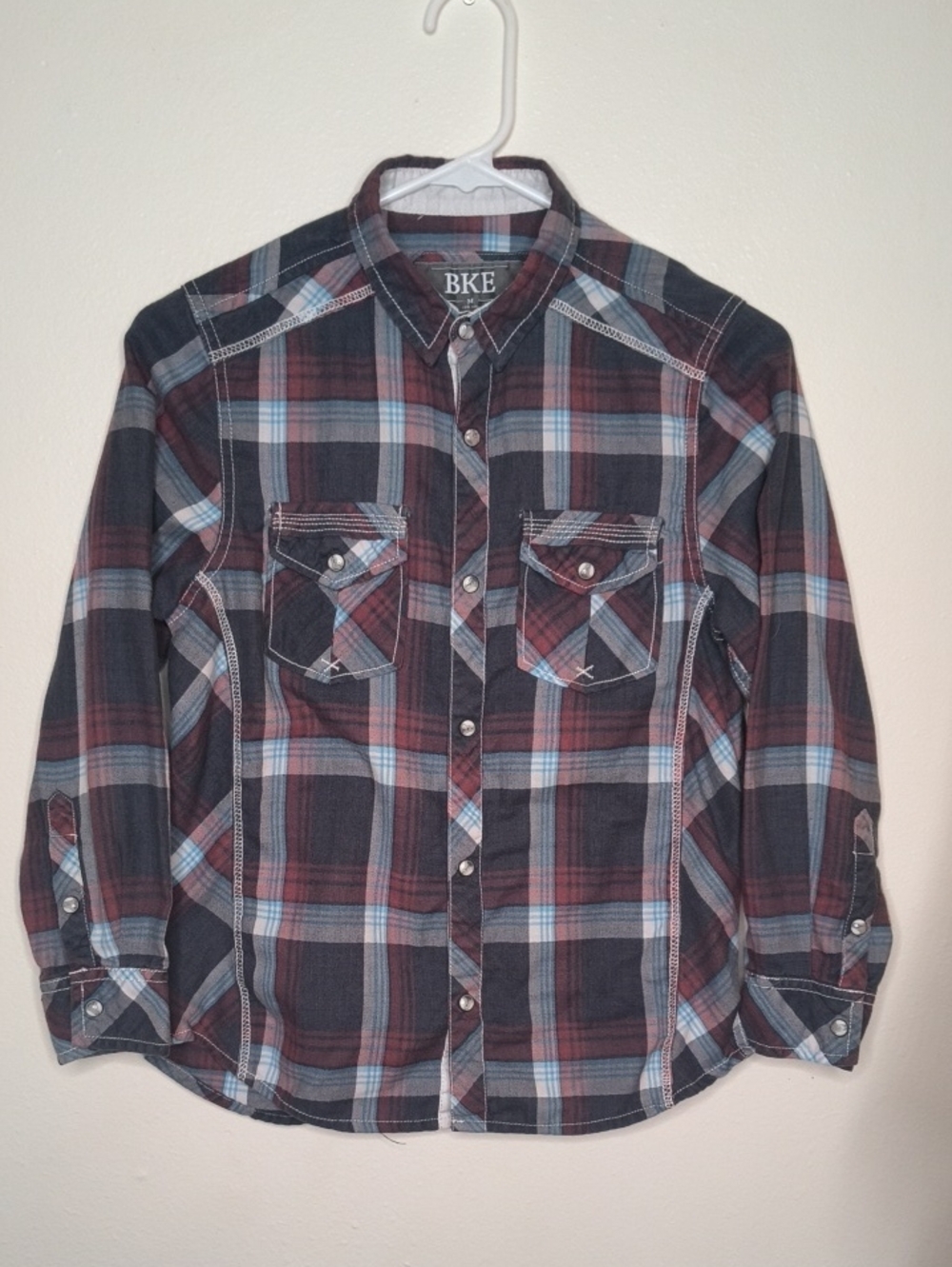 BKE Youth Medium Red and Blue Plaid Button-Up Shirt